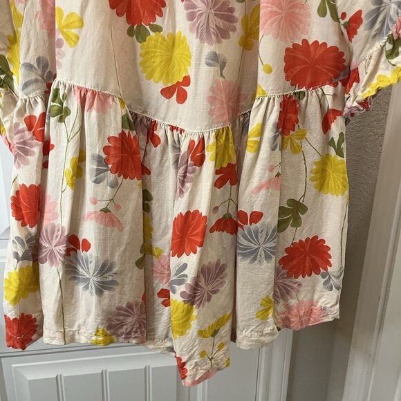Womens Floral Cream Orange Yellow Ruffle Short Sleeve Top Size XL Linen Blend - Picture 7 of 8